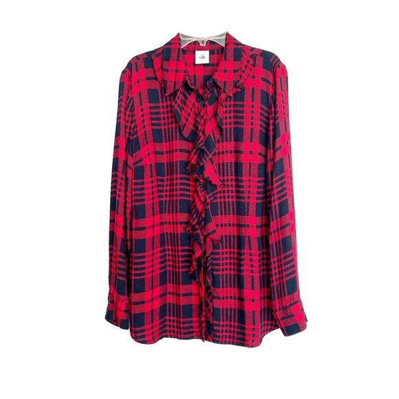 CAbi Tops - CABI Lodge Ruffle Button Down Flannel Shirt Plaid in Red and Black Size S